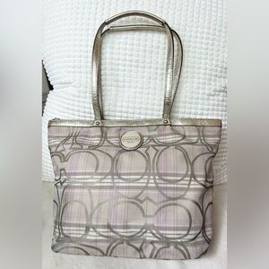 COACH Signature Stripe Plaid Tartan Pastel Lavender/Gold Tote Bag Size M